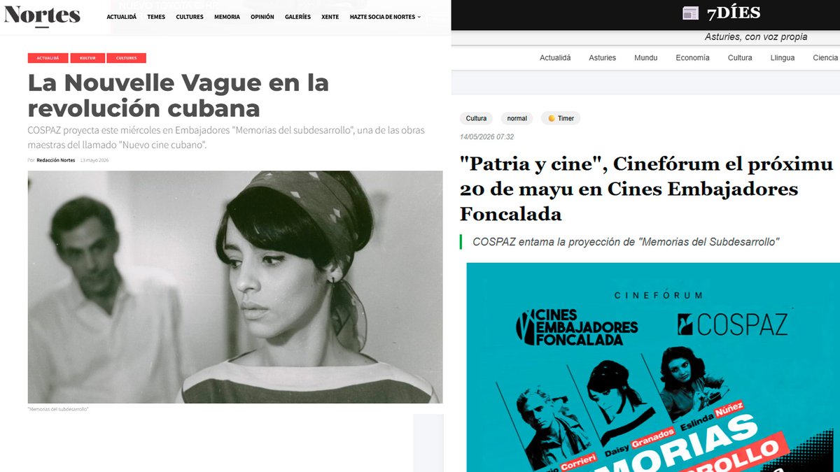 cospazweb's tweet photo. 📽️ La proyección de Memorias del subdesarrollo y el cinefórum organizado en Oviedo continúan despertando interés en los medios asturianos.

Agradecemos a @7diesas y @NortesMe por hacerse eco de esta iniciativa cultural en torno a una de las grandes obras del cine cubano. 🇨🇺🎬 https://t.co/ySWHSR6yus