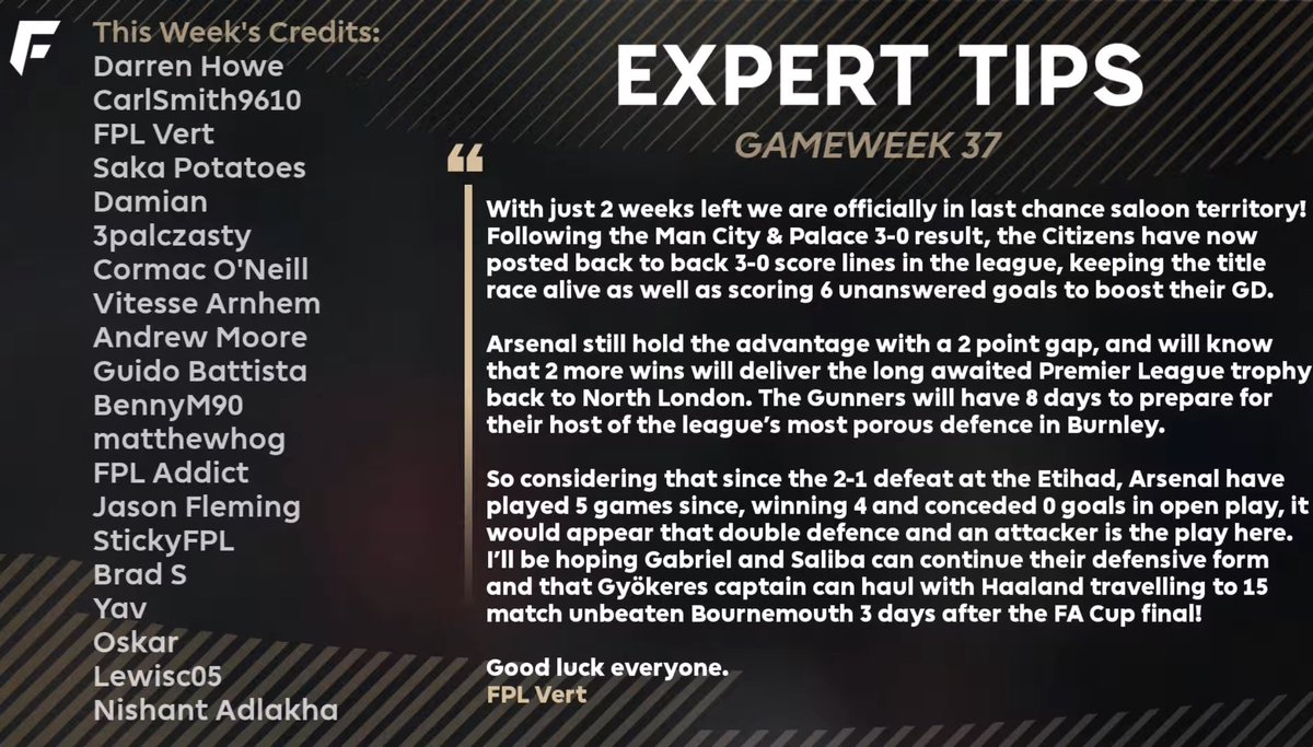 FPLvert's tweet photo. featured in @FPLFocal’s expert tips this week 🔦

just 2 #FPL gameweeks left of the season! is it time for a differential captain? 👀🇸🇪

#GW37 plans? 🤔 https://t.co/cndAi6K68x