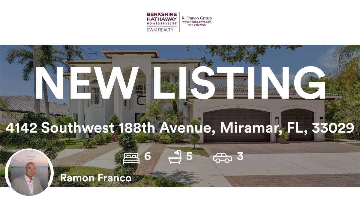 RamonFrancoMIA's tweet photo. 🛌 6 🛀 5 🚘 3
📍 4142 Southwest 188th Avenue, Miramar, FL, 33029

Looking to move? Check out our latest listing on RateMyAgent. 
FL 3258295
https://t.co/bDKhbAHvSX

...
#ratemyagent #realestate #BHHS_EWM_Realty https://t.co/yQWpMvj3uD