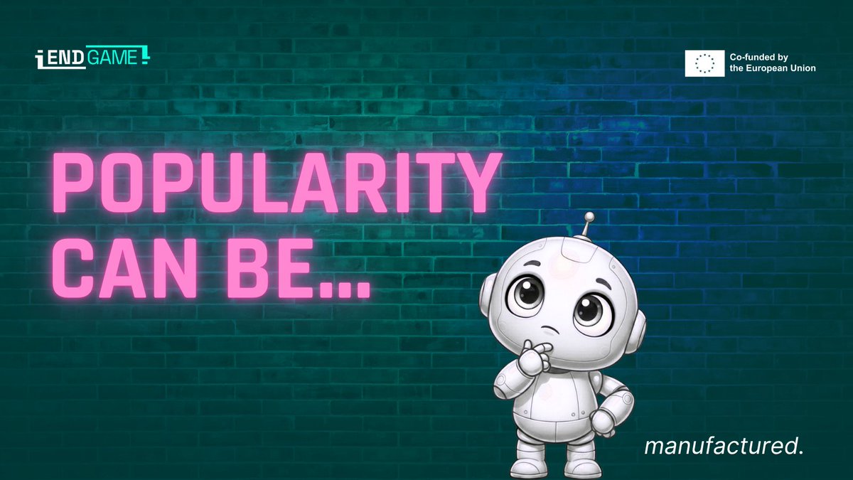 endgame_project's tweet photo. 🤖 Popularity can be manufactured.

“ENDGAME” reveals how bots and fake engagement create the illusion of credibility online. 📈⚠️

Learn to question metrics, recognize manipulation, and think critically before trusting viral content. 🔍

⏸️ Pause. ❓ Question. ✅ Verify. https://t.co/C40Z1Osfjv