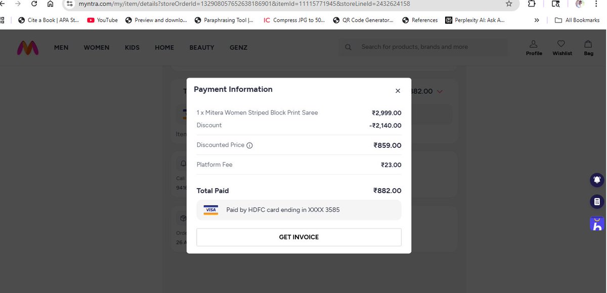 Princ4ueye's tweet photo. 14 years with Myntra, and this is the experience. Ordered 2 items (₹882+₹882). One wrong product, one poor quality. Returns picked up, but refunds became ₹859 &amp; ₹809. This feels unfair and misleading. 
@myntra  @MyntraSupport  @consaff https://t.co/mmOxaocMMK