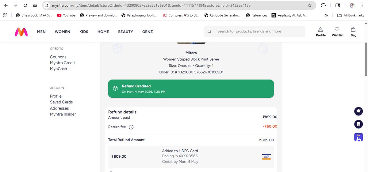 Princ4ueye's tweet photo. 14 years with Myntra, and this is the experience. Ordered 2 items (₹882+₹882). One wrong product, one poor quality. Returns picked up, but refunds became ₹859 &amp; ₹809. This feels unfair and misleading. 
@myntra  @MyntraSupport  @consaff https://t.co/mmOxaocMMK
