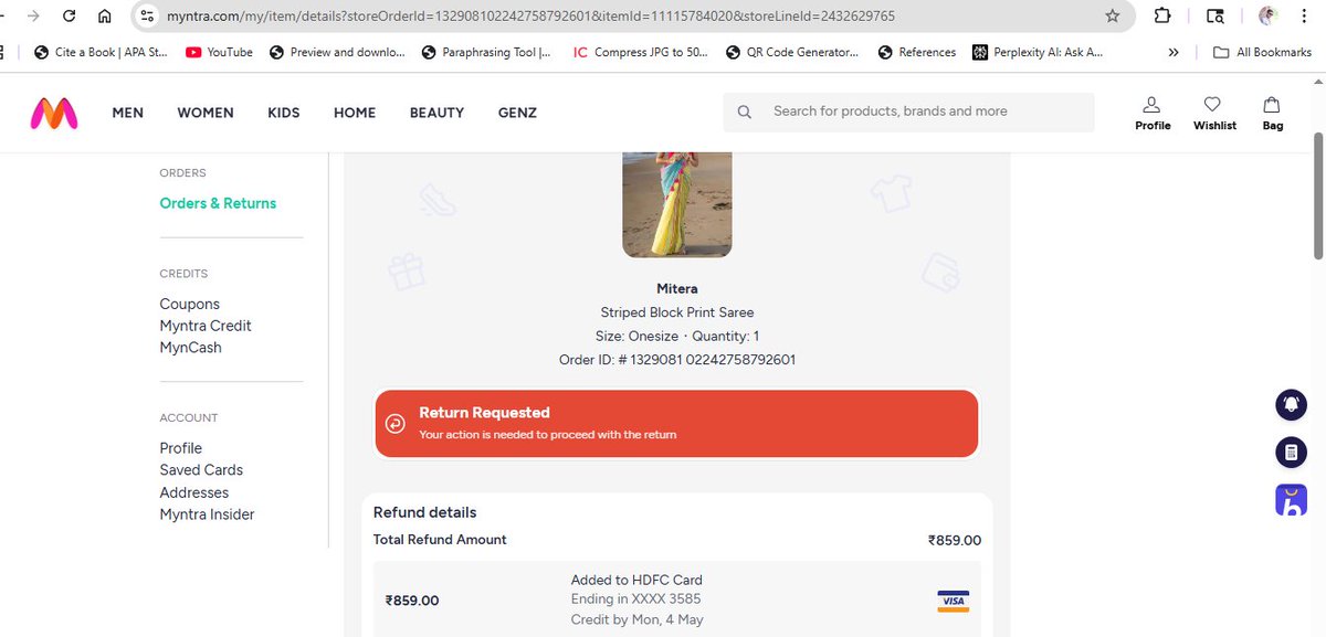 Princ4ueye's tweet photo. 14 years with Myntra, and this is the experience. Ordered 2 items (₹882+₹882). One wrong product, one poor quality. Returns picked up, but refunds became ₹859 &amp; ₹809. This feels unfair and misleading. 
@myntra  @MyntraSupport  @consaff https://t.co/mmOxaocMMK