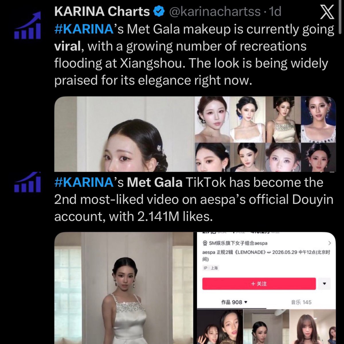 krnphile's tweet photo. The amount of engagement Karina related post gets. She’s bagging solo brand deals, getting praised by gp &amp; professional dancers for her dance, talk of the town for her performance, going viral including her Met Gala makeup, high MIV &amp; EMV during met gala. 4th gen representative💅🏻 https://t.co/mWPupS51JH