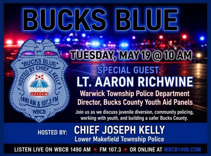 LMTPD's tweet photo. Join us Tues., 5-19 at 10AM on WBCB 1490AM &amp; FM 107.3 for a conversation hosted by Chief Kelly featuring Lt. Aaron Richwine of the Warwick Township PD &amp; Director of the Bucks County Youth Aid Panels. Listen live on 1490 AM, FM 107.3, or stream online at https://t.co/mj5nNDWtmM https://t.co/MnZEjTEDWf