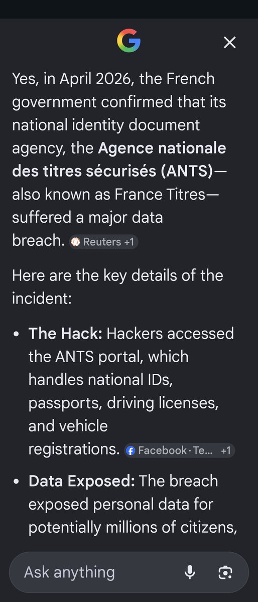 Steve200R's tweet photo. @RealDonKeith France digital ID hacked and yet they still want to continue with ours .. https://t.co/s1KEW5iMiE