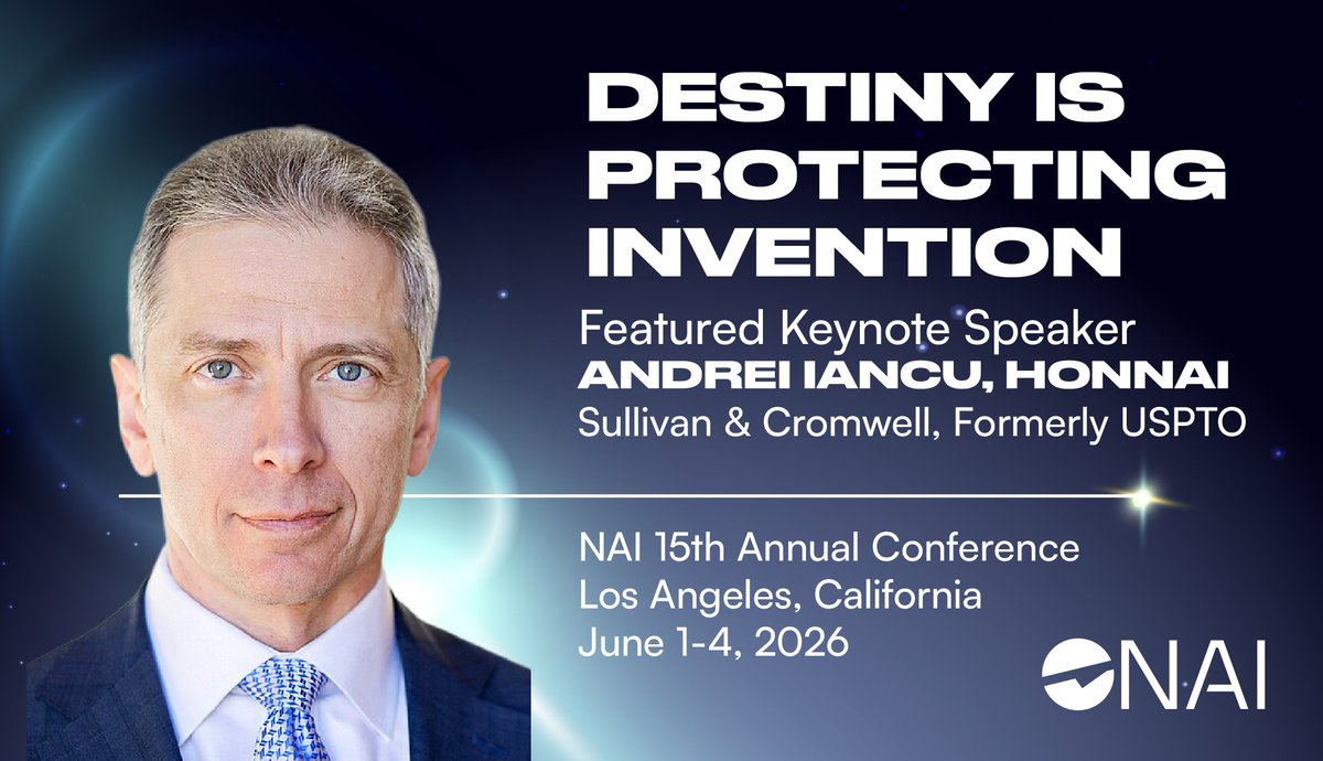 AcadofInventors's tweet photo. Destiny is protecting invention.

Andrei Iancu has become one of the leading voices arguing that innovation depends on strong intellectual property systems and that inventors must be able to protect the ideas they bring into the world.

As former Under Secretary of Commerce for Intellectual Property and Director of the United States Patent and Trademark Office (USPTO), he shaped national and international conversations around patents, innovation policy, and America’s technological competitiveness.

Today, Iancu continues to advocate strongly for the role intellectual property plays in encouraging risk-taking, investment, and the development of new technologies across industries.

We are honored to welcome former USPTO Director, NAI Presidential Fellow and NAI Sentinel Awardee Andrei Iancu as a keynote speaker at the National Academy of Inventors’ 15th Annual Conference, June 1–4, 2026, in Los Angeles.

Explore the conference program:
https://t.co/TUuRo4cWT7

#NAI #NAI2026 #Invention #Innovation #Patents #IP