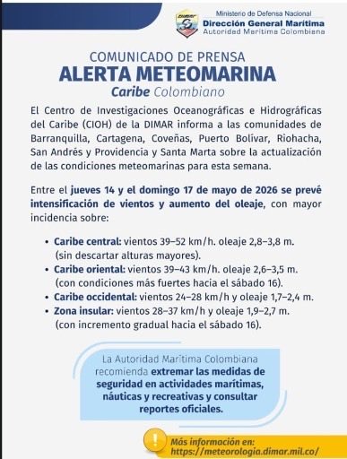 EcodelDique's tweet photo. 🚨🌊 Atención navegantes y comunidades del Canal del Dique: la @Dimarcolombia advierte intensificación de vientos y aumento del oleaje entre el 14 y 17 de mayo.
Extremen medidas de seguridad en actividades marítimas y recreativas. ⚠️⛵
#CanalDelDique #DIMAR #AlertaMeteomarina https://t.co/Pbd8yiGUOi