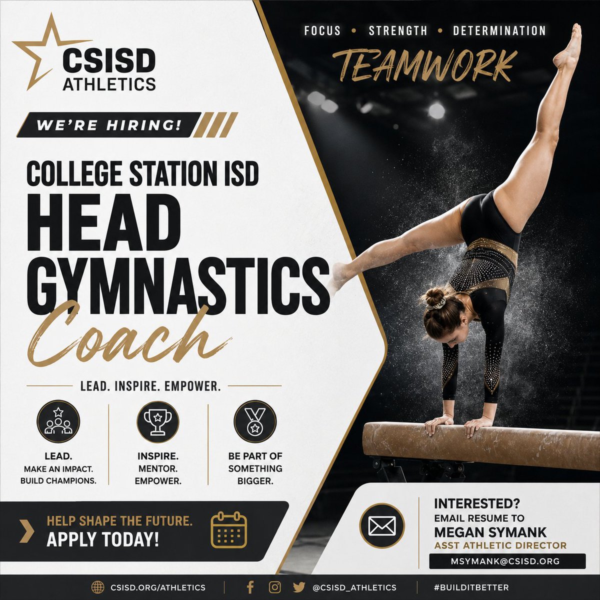 CSISDAthletics's tweet photo. CSISD is looking for a new Head Gymnastics Coach!  We are looking for the right fit to lead our program and grow it.  Come join our team!
@CSISD
@ConsolHS
@CSHighSchool
@THSGCA
@AustinTGCA
@THSCAcoaches https://t.co/pz6DccUcNe