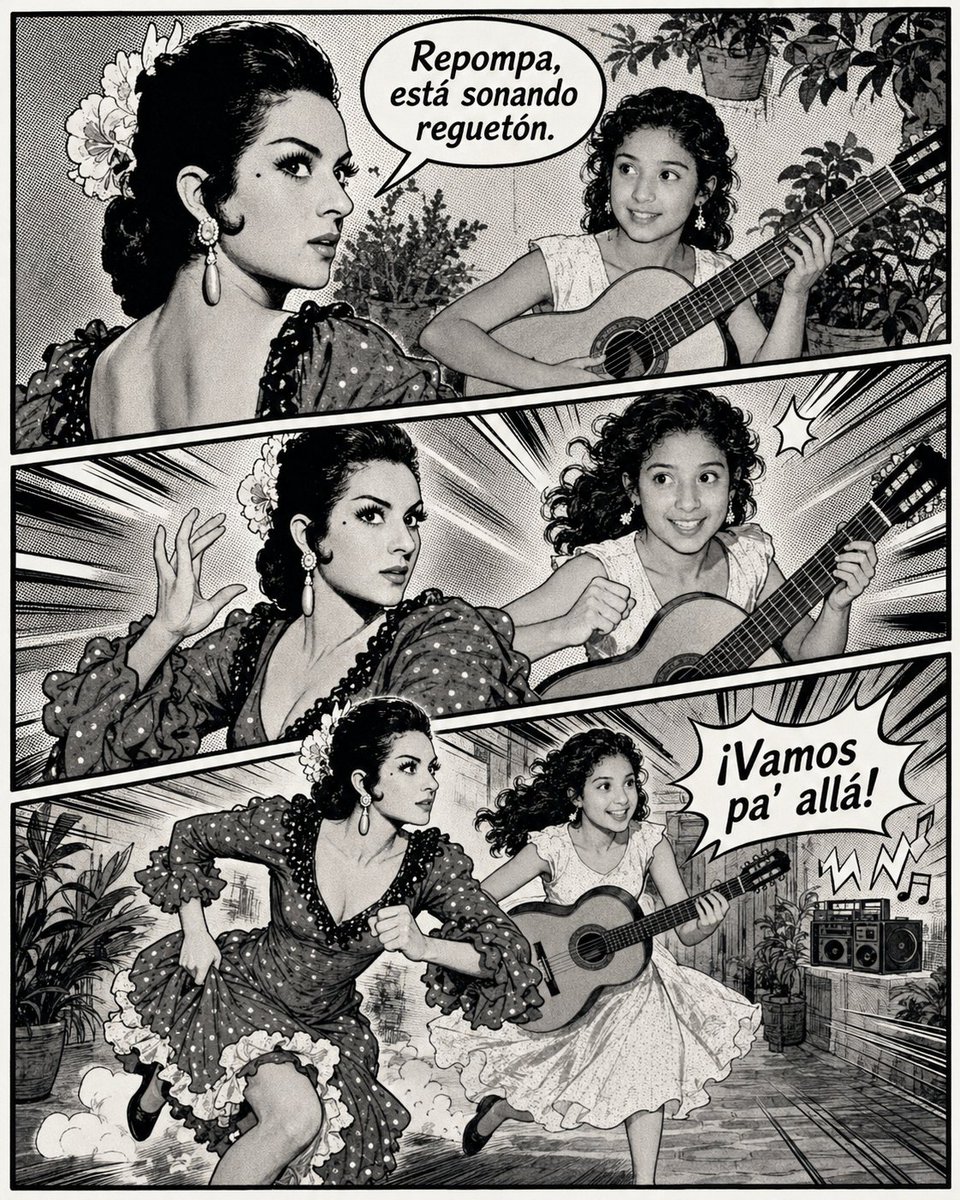 Flamencologia_'s tweet photo. “Repompa, está sonando reguetón.”
“¡Vamos pa’ allá!” 😂💃🎸
El 𝐅𝐥𝐚𝐦𝐞𝐧𝐜𝐨 no huye de lo moderno: lo mira de frente, busca el compás y, si hace falta, pone orden con arte.
Humor, cómic, Málaga y memoria Flamenca en una sola viñeta. 🖤🤍
#Flamenco #LaRepompa #LolaFlores https://t.co/5zRj2k2Pvd