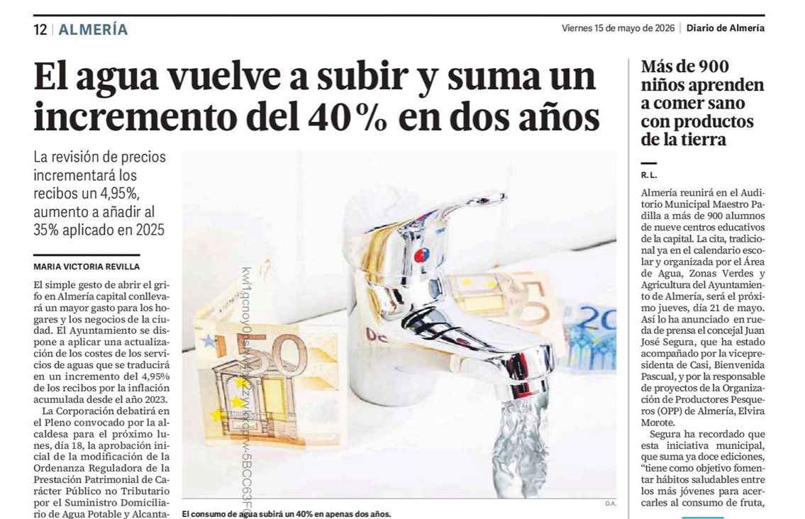RaulEnriquezC's tweet photo. El PP de Almería le vuelve a subir el agua a todos los almerienses.
Hace apenas un año ya hubo una tremenda subida del agua y ahora la vuelves a subir, siendo el incremento del precio del agua en nuestra ciudad de un 40% más. https://t.co/vNPYK9uF2y