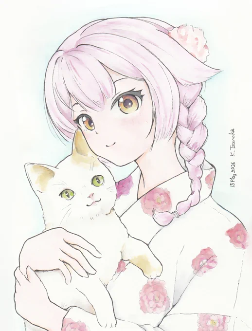 お祭り浴衣バージョンの #京野えむ ちゃんを見てしまい描かずにおれなくなって描きました。 ちょっとリアルな"ばいくにゃん"を抱っこしてもらいました。 #ガソスタむすめ