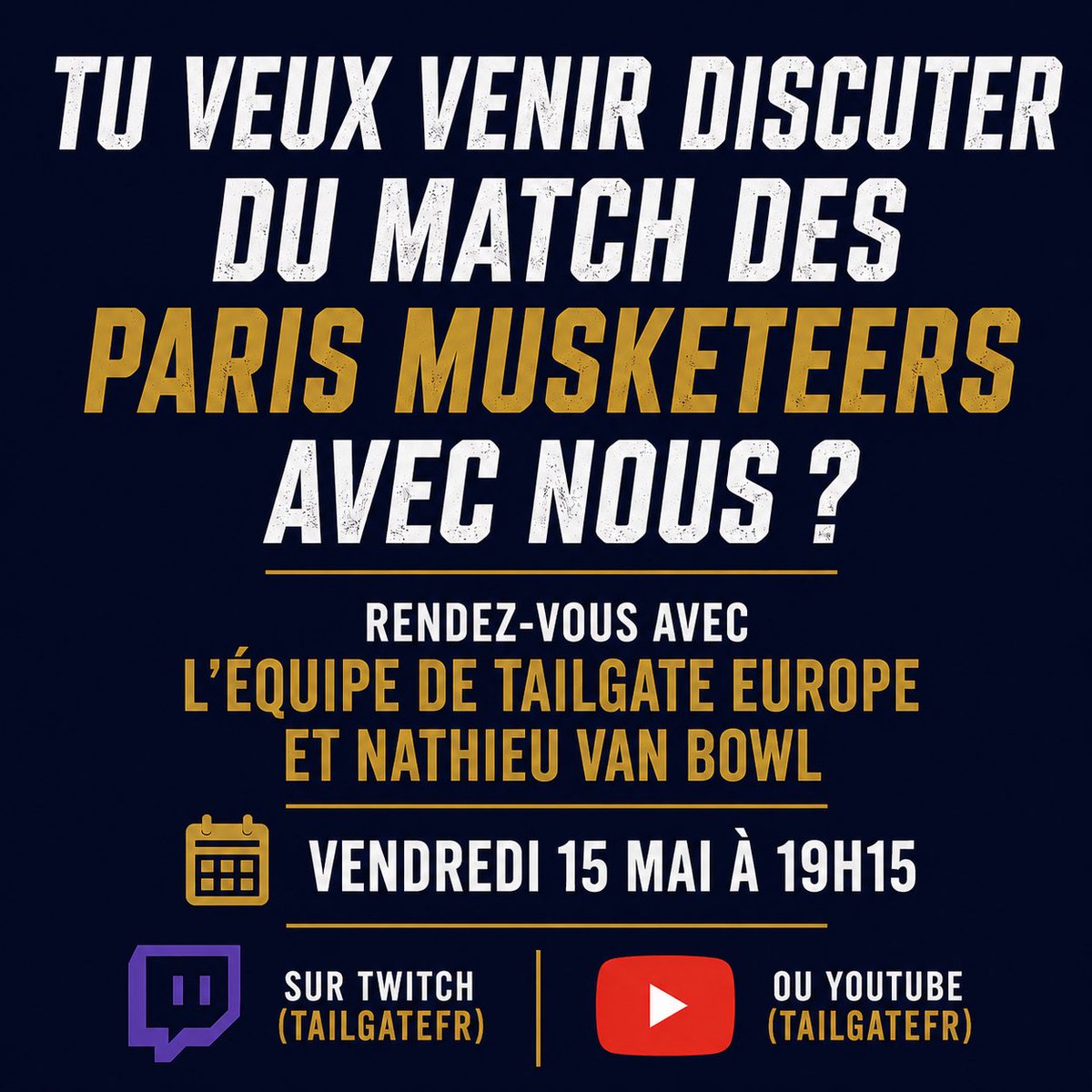 tailgatepodfr's tweet photo. 📺 Ce soir on se pose ensemble pour regarder les @parismusketeers 

Tu veux regarder le match et venir en même temps en discuter avec nous et @NathieuVanBowl ! Alors rendez vous à 19h15 sur Twitch (tailgatefr) ou YouTube (TailgateFR)

Venez passer un moment sympa! https://t.co/O12ovkQKPv