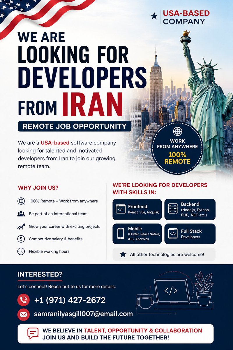 samran295's tweet photo. #RemoteJobs #HiringDevelopers #SoftwareDeveloper #FullStackDeveloper #ReactJS #PythonDeveloper #WorkFromAnywhere #TechJobs #Iran #IranDevelopers #NowHiring https://t.co/NUpWagpPOq