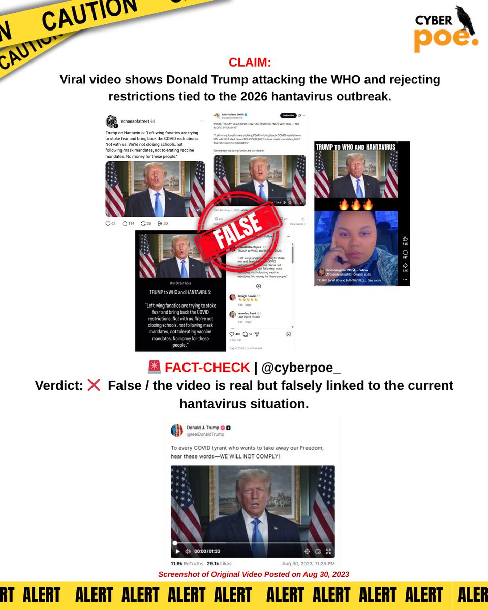 cyberpoe_'s tweet photo. 🚨 FACT-CHECK | @cyberpoe_

Claim: Viral video shows Donald Trump attacking the WHO and rejecting restrictions tied to the 2026 hantavirus outbreak.

Verdict: ❌ False / the video is real but falsely linked to the current hantavirus situation.

👉 For the full in-depth article, visit us at:
🔗
https://t.co/OPTEh97VeS