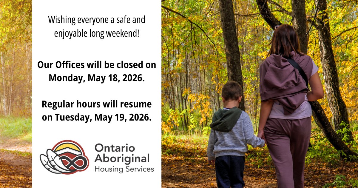 OAHSSC's tweet photo. As the long weekend approaches, please note that all OAHS offices will be closed on Monday, May 18th, for the Victoria Day long weekend.

Regular hours will resume on Tuesday, May 19, 2026.

For emergency maintenance, please call 1-866-391-1061 and follow the prompts to reach our after-hours line.

We wish everyone a safe and restful long weekend.

#LongWeekend #OAHSOfficeClosure #VictoriaDay