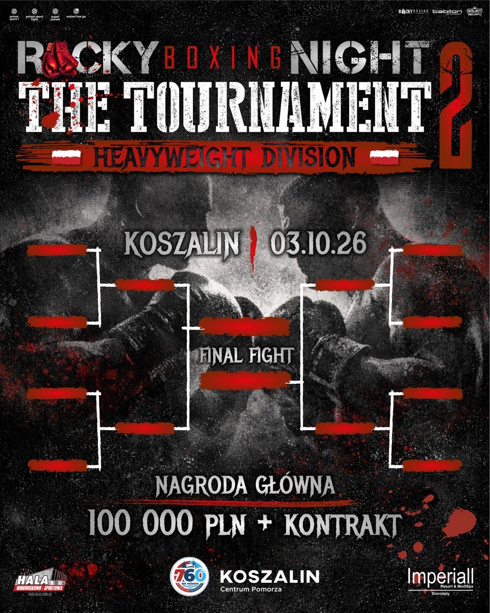 RockyBoxingProm's tweet photo. HEAVYWEIGHT TOURNAMENT 2
03.10 wracamy do Koszalina z turniejem wagi ciężkiej RBN🥊
🏆 100.000 PLN dla zwycięzcy
📄 Kontrakt promotorski
🎥 @polsatsport i ogromna stawka
Zainteresowanych zawodników zapraszamy do kontaktu poprzez formularz na naszej stronie https://t.co/3Wxh04VtBu https://t.co/IEM25myVGf