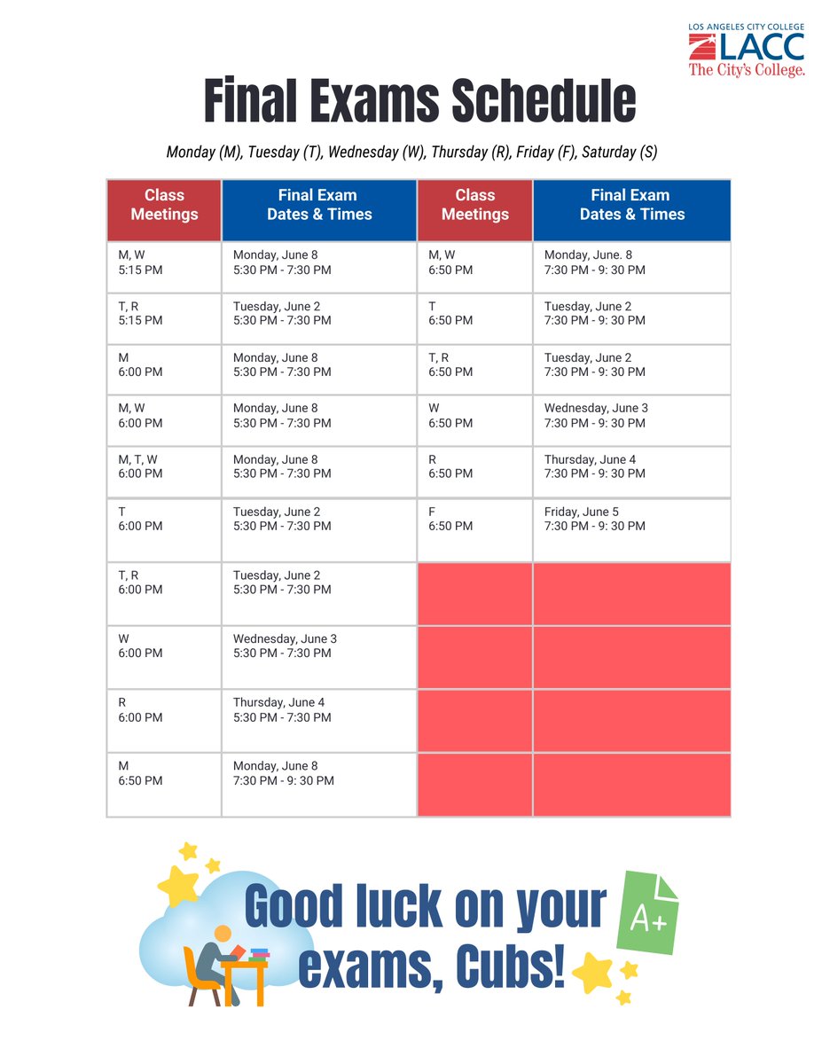 LACityCollege's tweet photo. What is your final exam schedule for Spring 2026? https://t.co/GR2qp1k1FO