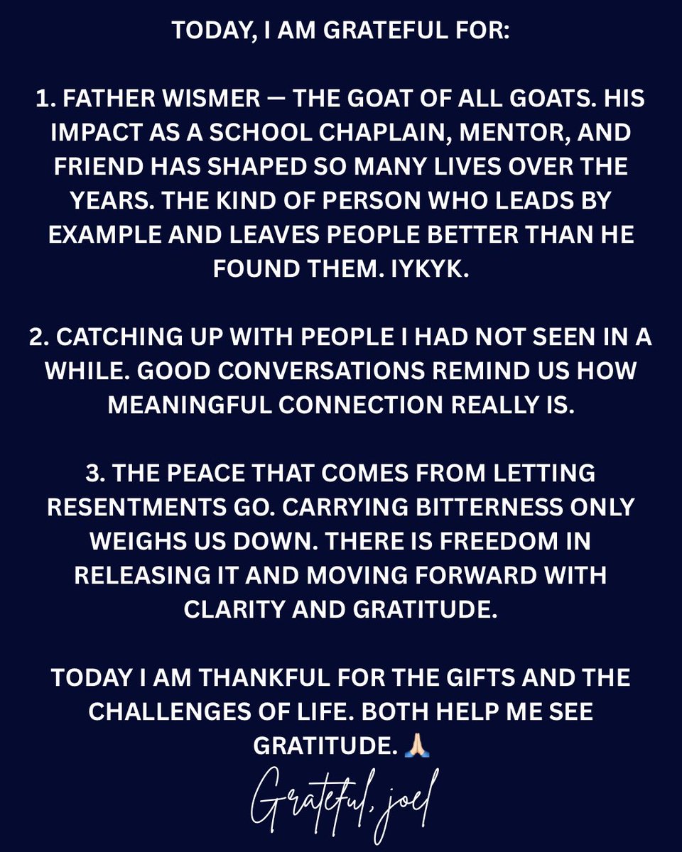 realjoelmoore's tweet photo. Father Wismer is one of those rare people whose impact can’t really be measured. Through faith, guidance, humility and simply showing up for others, he has shaped countless lives over the years. So many students, families and friends are better because of the way he pours into people with consistency and care. Truly one of the great ones.

It’s a reminder that the greatest influence we can have in life often comes through service, presence and investing in others day after day.

Be grateful. Be present. Be intentional. 🙏🏻

Follow along @realjoelmoore for more daily gratitude, perspective, and intentional living content.

#Gratitude #Mentorship #Faith #Leadership #IntentionalLiving