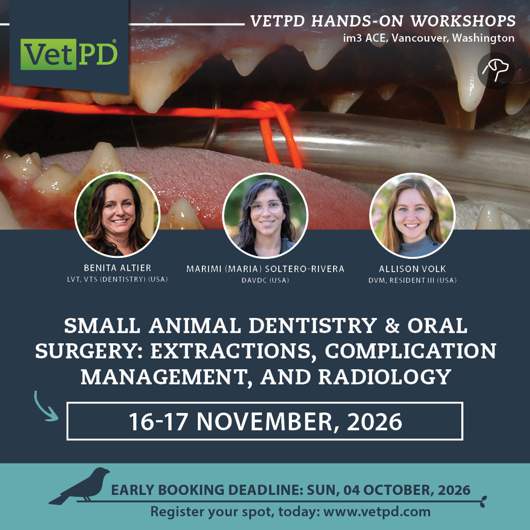VetPD's tweet photo. VetPD's 2-day oral surgery workshop puts you in small groups with board-certified specialists - cadaver lab, on-demand lectures, hands-on from day one. 

16–17 Nov 2026 | Early bird: 4 Oct
Register →  https://t.co/f5CoQwrauZ 

#VetDentistry #SmallAnimalSurgery #VetCE https://t.co/mZeaFhEKGN