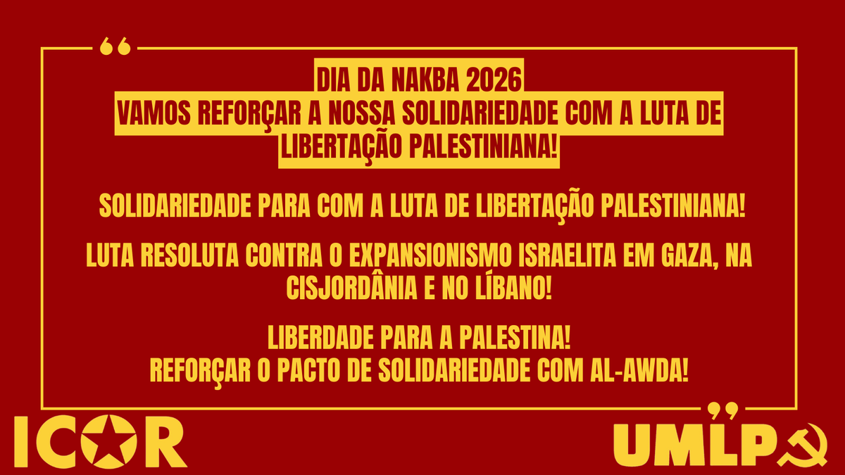 UMLP_PT's tweet photo. Levemos adiante a nossa luta pela Liberdade da Palestina, contra os belicistas de Israel, dos EUA e todos os seus apoiantes, e para reforçar o Pacto de Solidariedade da ICOR com a luta de libertação palestiniana, nomeadamente com a rede de saúde Al Awda na Faixa de Gaza. https://t.co/eFfCsqubEI