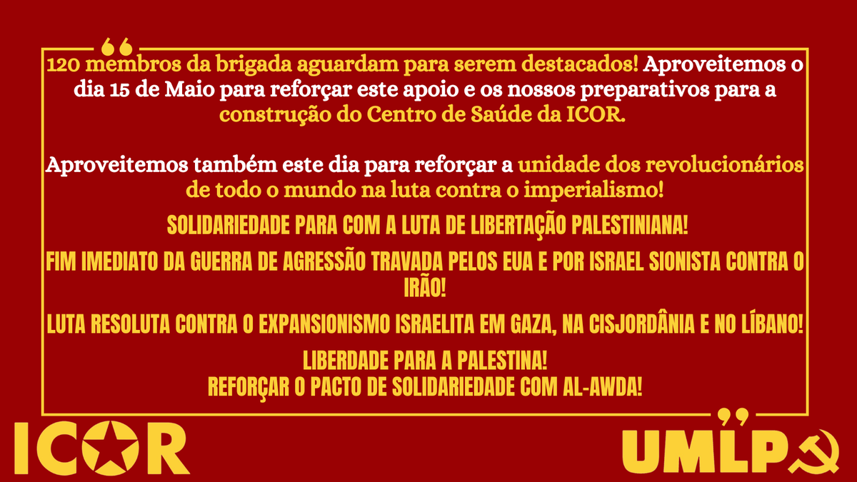 UMLP_PT's tweet photo. Levemos adiante a nossa luta pela Liberdade da Palestina, contra os belicistas de Israel, dos EUA e todos os seus apoiantes, e para reforçar o Pacto de Solidariedade da ICOR com a luta de libertação palestiniana, nomeadamente com a rede de saúde Al Awda na Faixa de Gaza. https://t.co/eFfCsqubEI
