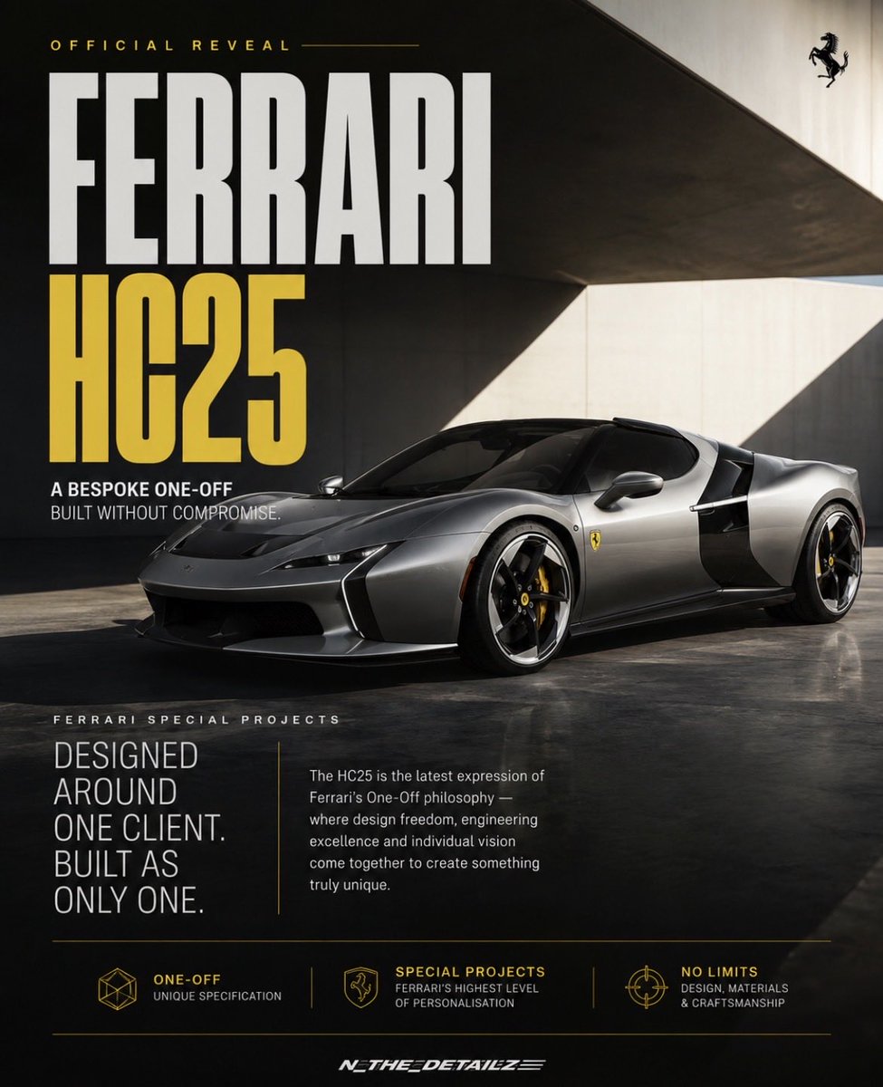 n_the_detailz's tweet photo. Ferrari’s new HC25 might be the clearest sign yet that the brand’s most exciting designs are no longer coming from the standard production lineup.
#Ferrari #FerrariHC25 #FerrariOneOff #SpecialProjects #Supercars https://t.co/exFbodDywy