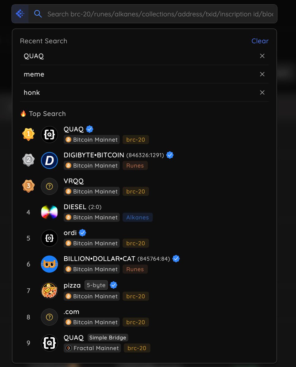 towfooh's tweet photo. @unisat_wallet @lorenzonical if you go to unisat and search for a token, e.g. QUAQ, it show as "top search". But when you click on it is opens the uniscan page with the holder page? 
I want to get to the trading page right away, where I would also expect to see the holder base. https://t.co/EDnlaEldGG