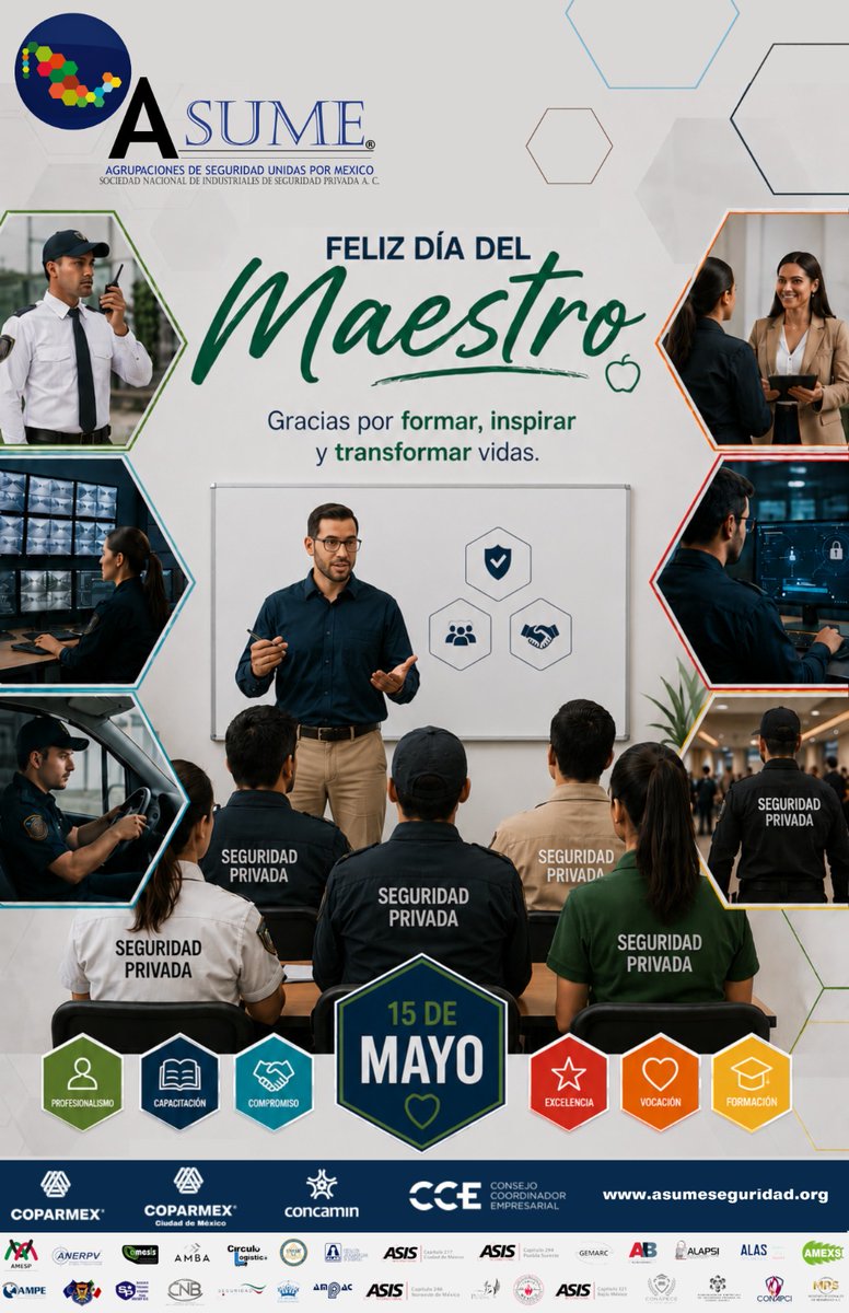 ASUME_SegPriv's tweet photo. 👩‍🏫🧑‍🏫 Hoy reconocemos a quienes, con vocación, paciencia y compromiso, dedican su vida a enseñar, inspirar y formar generaciones. Su labor deja huella y fortalece el presente y futuro de nuestra sociedad.

🛡️ ¡Feliz Día del Maestro! 🍎📚

#ASUME #DíaDelMaestro #SeguridadPrivada https://t.co/bgcwPgXvad