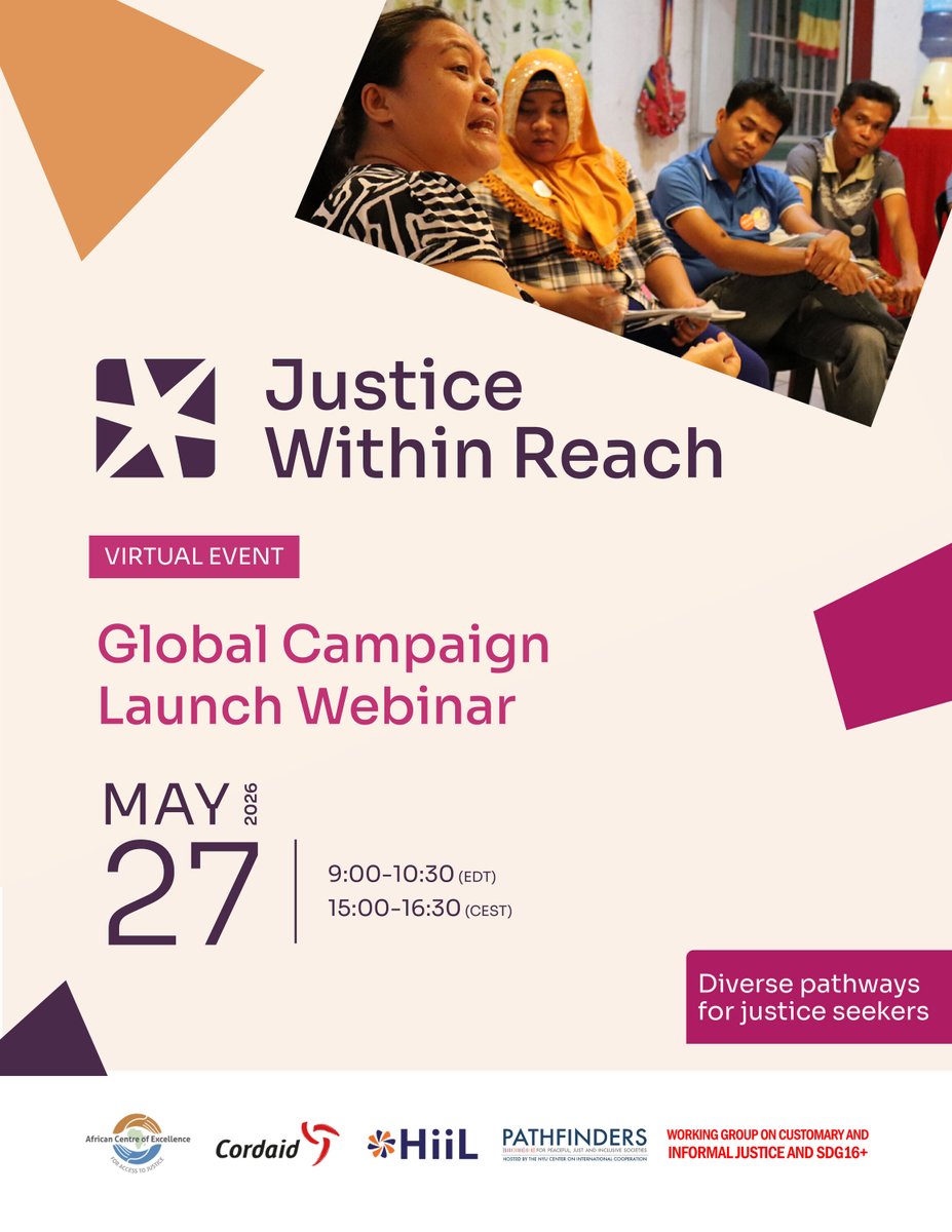 SDG16Plus's tweet photo. 🚀 Join us for the global launch of #JusticeWithinReach, a new campaign dedicated to advancing #PeopleCenteredJustice by strengthening diverse pathways to justice worldwide. 

📝 Register: https://t.co/cArm1wgwcO

🗓️ More details: https://t.co/oWIPrRpExO 
⏩ About the campaign: https://t.co/ya90LtmmyN 

Organized by: @ACE_Africa, @Cordaid, @InnoJustice, @SDG16Plus, and the Working Group on Customary and Informal Justice & SDG16+ (led by @IDLO).