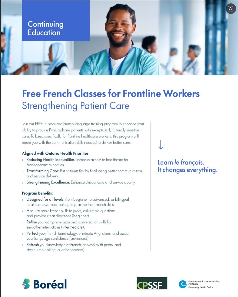 centrepssf's tweet photo. @collegeboreal 

Free French Classes for Frontline Health Workers

Boréal is pleased to share with you the brochure of its free French courses program for frontline workers.

Boréal thanks you for your collaboration and continued support in promoting French language training for health professionals.

Please view the flyer by clicking on the following link : https://t.co/Q6FXEIAiRb

//
Cours de français gratuits pour les travailleurs de santé de première ligne

Boréal a le plaisir de vous partager le dépliant de son programme de cours de français gratuits pour les travailleurs de première ligne.

Boréal vous remercie de votre collaboration et de votre soutien continu dans la promotion de la formation linguistique en français pour les professionnels de la santé.

Veuillez visualiser le dépliant en cliquant sur le lien suivant :
https://t.co/Q6FXEIAiRb
