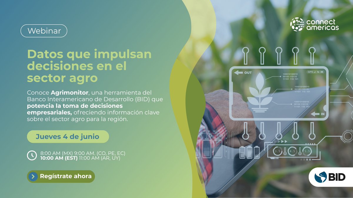 connectamericas's tweet photo. Aprende cómo usar información sobre políticas agropecuarias para tomar decisiones prácticas para tu empresa.

Queremos invitarte a nuestro webinar para conocer Agrimonitor, una plataforma del Banco Interamericano de Desarrollo (BID) que está transformando el análisis del sector y es la única de su tipo en América Latina y el Caribe.

Jueves 4 de junio | 10:00 AM EST
👉 Regístrate aquí: https://t.co/s3sudZDg3L

Suma información relevante a tu empresa.
¡Te esperamos!