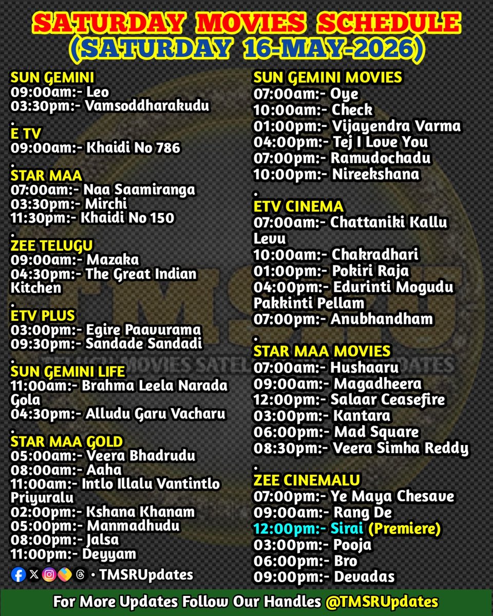 TMSRUpdates's tweet photo. #TMSRUpdates #TVScheduleUpdates 📺
#SATURDAY #MOVIES_SCHEDULE
(SATURDAY 16-MAY-2026)
#StarMaa #ZeeTelugu #SunGemini #EtvTelugu #Peddi #TheParadise #Spirit #Dacoit #Ramayana #Dhurandhar2TheRevenge #Toxic #Varanasi #Ranabaali #Jetlee #VeeraBhadrudu #Vishwambhara #Swayambhu https://t.co/EeoNuZMqyQ
