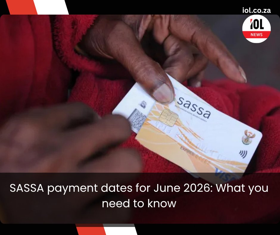 IOL's tweet photo. SASSA has confirmed the official social grant payment dates for June 2026.
#SASSA #SocialGrants #PaymentDates #Postbank #SouthAfrica
#CommunitySupport
Read on https://t.co/WncHXvVhBu https://t.co/5I9amyVtIU