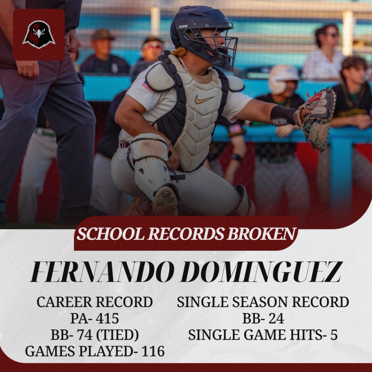 CVHawksBaseball's tweet photo. Congratulations to Fernando Dominguez on a successful 4 year varsity run! Fern broke a couple of career records and single season records while at CV! He has been a staple behind the plate for this program. Fern was a big part in 2 league championships and 2 playoff wins!#GoHawks https://t.co/k6zFs9Snuq