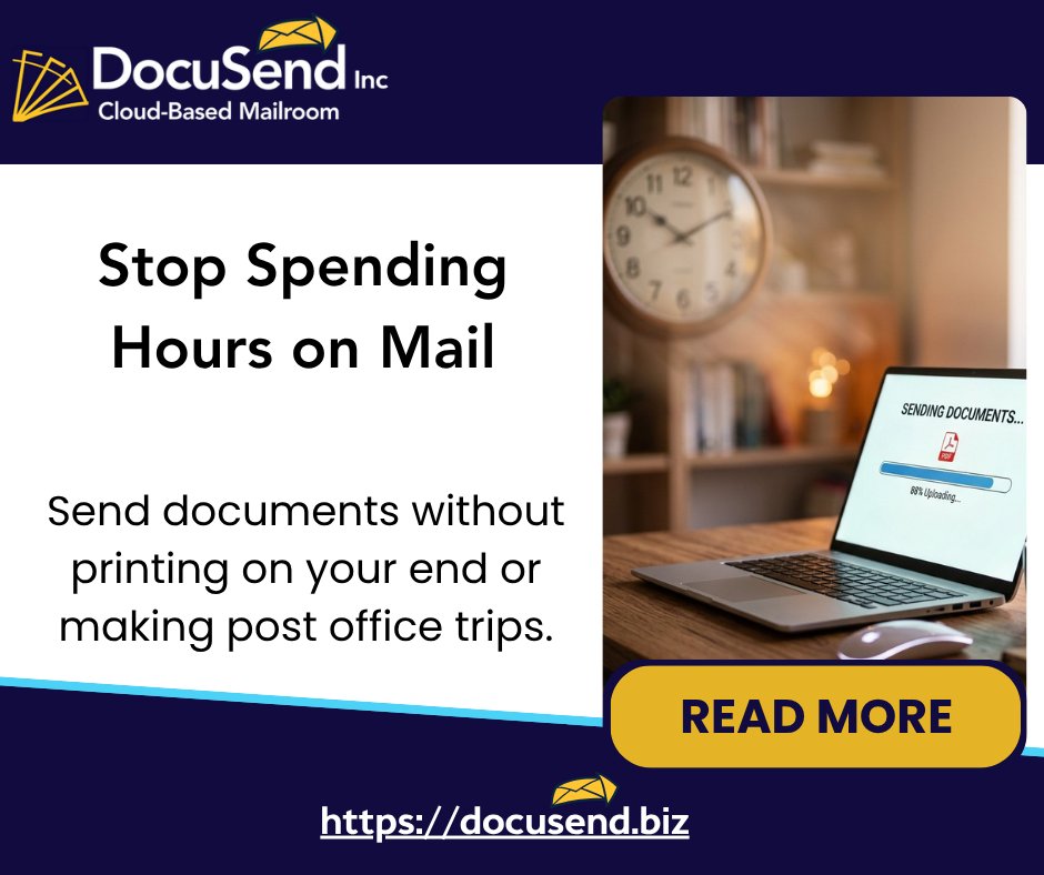 DocuSendMail's tweet photo. Business mail preparation doesn’t need to take much of your time. Upload invoices or documents to DocuSend. We handle everything: printing, USPS mailing, and tracking. No manual work, no post office trips, and half the usual mailing costs. Learn more. 💻https://t.co/pQS9yndrHr https://t.co/eFPpnlIywG