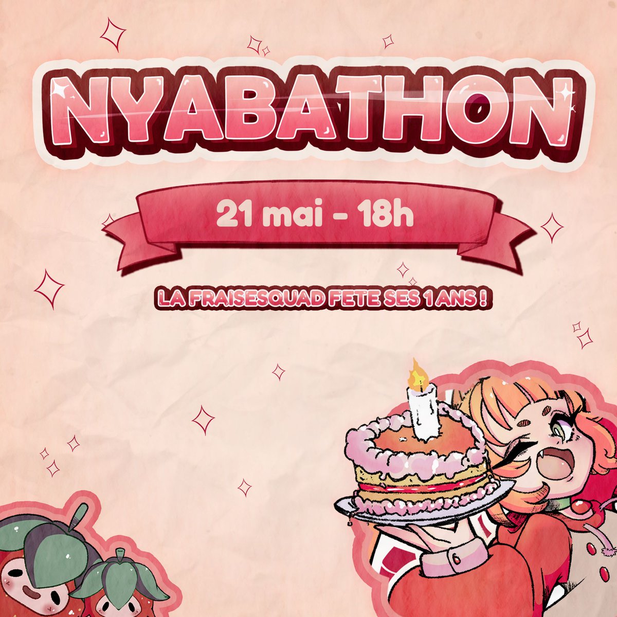 OriNyaberry's tweet photo. 🍓✨ NYABATHON - STREAM D'OUVERTURE ✨🍓

Nyaho la FraiseSquad… ! 💖

Le 21 mai 2026 à 18h aura lieu le stream d’ouverture officiel du NYABATHON ! ✨

Cette date marque jour pour jour mes 1 an de stream depuis mes débuts...! 🍓

Ce stream anniversaire ouvrira officiellement les portes du Nyabathon avant le véritable événement qui aura lieu du 1er au 10 juin 2026 ! 🌟

Pendant 10 jours, le NYABATHON prendra la forme d’un grand Followathon/Subathon communautaire rempli de surprises, de goals, de défis, d’événements spéciaux et de moments à partager ensemble avec toute la FraiseSquad 🍓✨

Merci d’être là depuis le début… et merci de continuer cette aventure avec moi 💖
Je vous en suis sincèrement reconnaissante...!!!

- Nyab's

#NyabsLive #FraiseSquad #FraisePotes #Vtubers #vtuberfr #Nyabathon #streambirthday #Bigevent #specialevent