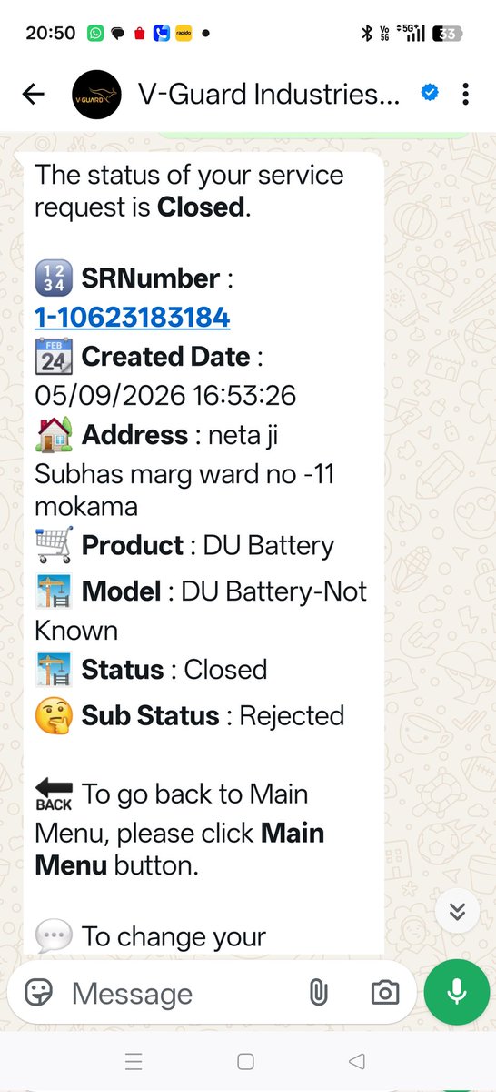 kbairforce's tweet photo. @VGuardOfficial battery fault complain raised, no one visited and complain closed without visit. Horrible service. Screenshot of complain attaches https://t.co/4UK3ZVSbDf