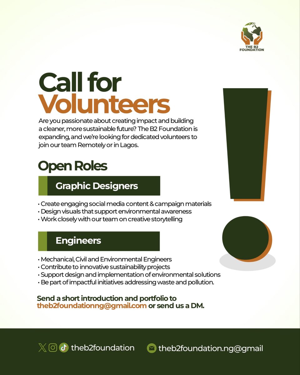 theb2foundation's tweet photo. VOLUNTEER WITH THE B2 FOUNDATION 🌍

Graphic Designers &amp; Engineers wanted in Ibadan/Lagos.

Gain experience, build your portfolio &amp; support sustainability projects.

📩 DM or email: theb2foundationng@gmail.com

#VolunteerOpportunity #Sustainability https://t.co/0tRrrRJvTX