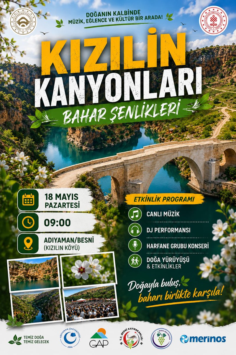 BesniBelTR's tweet photo. KIZILİN KANYONLARI BAHAR ŞENLİKLERİNE DAVETLİSİNİZ

Kültürün, müziğin ve doğanın buluştuğu bu özel günde tüm hemşehrilerimizi ve misafirlerimizi Kızılin Kanyonları Bahar Şenlikleri’ne bekliyoruz.

@AlkanResit02
Besni Belediye Başkanı

#Besni #KızılinKanyonları https://t.co/MPJxX2uXWN