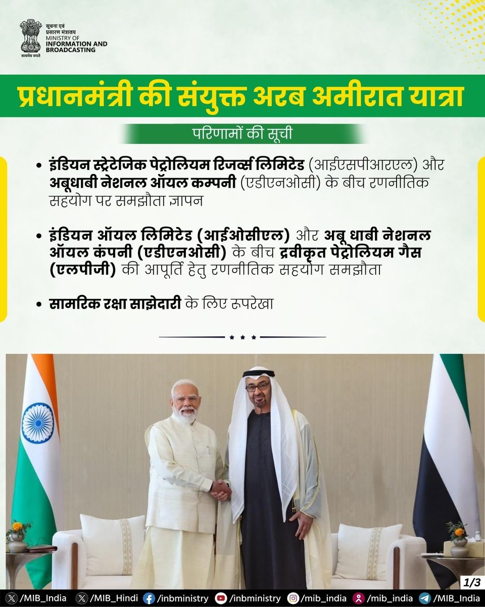 MIB_Hindi's tweet photo. प्रधानमंत्री @narendramodi की यात्रा के दौरान भारत और संयुक्त राज्य अमीरात की साझेदारी नयी ऊंचाइयों पर पहुंची।

ऊर्जा सुरक्षा, रक्षा, समुद्री अवसंरचना और निवेश से जुड़े समझौते नवाचार, विश्वसनीयता और साझा समृद्धि पर आधारित मजबूत रणनीतिक सहयोग को दर्शाते हैं।

#IndiaUAE #PMinUAE https://t.co/P4hpFGWnlA
