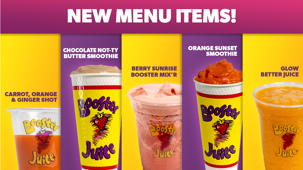 boosterjuice's tweet photo. Warning: your favourites are about to be replaced🚨

From chocolatey cravings to sunrise sips and wellness kicks. Your next Booster Juice run just got tastier. 👀🤤

Pick your vibe and sip away!

🍊 Orange Sunset Smoothie
🍫 Chocolate Not-Ty Butter Smoothie
🍓 Berry Sunrise Booster Mix'r 
✨ Glow Better Fresh Juice
🥕 Carrot, Orange, Ginger Specialty Shot

Visit your nearest Booster Juice or download the Booster Rewards App to order now!

#Boosterjuice #New #Menuitems #longweekend