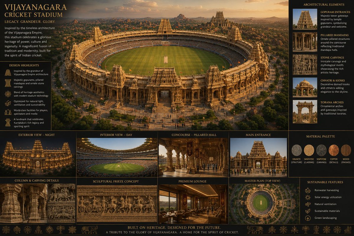 varunvrishaba's tweet photo. What if Karnataka’s history, culture, and innovation shaped the next iconic cricket stadium?

A fusion of sport, architecture, and identity. 🇮🇳🏏

Credit: ChatGPT image creator 

#Bengaluru #Karnataka #CricketStadium #ArchitectureDesign #FutureOfCricket https://t.co/Ym92ZNr85J