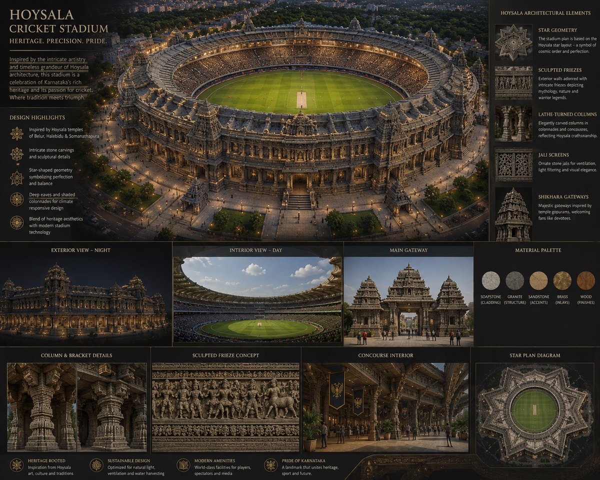 varunvrishaba's tweet photo. What if Karnataka’s history, culture, and innovation shaped the next iconic cricket stadium?

A fusion of sport, architecture, and identity. 🇮🇳🏏

Credit: ChatGPT image creator 

#Bengaluru #Karnataka #CricketStadium #ArchitectureDesign #FutureOfCricket https://t.co/Ym92ZNr85J