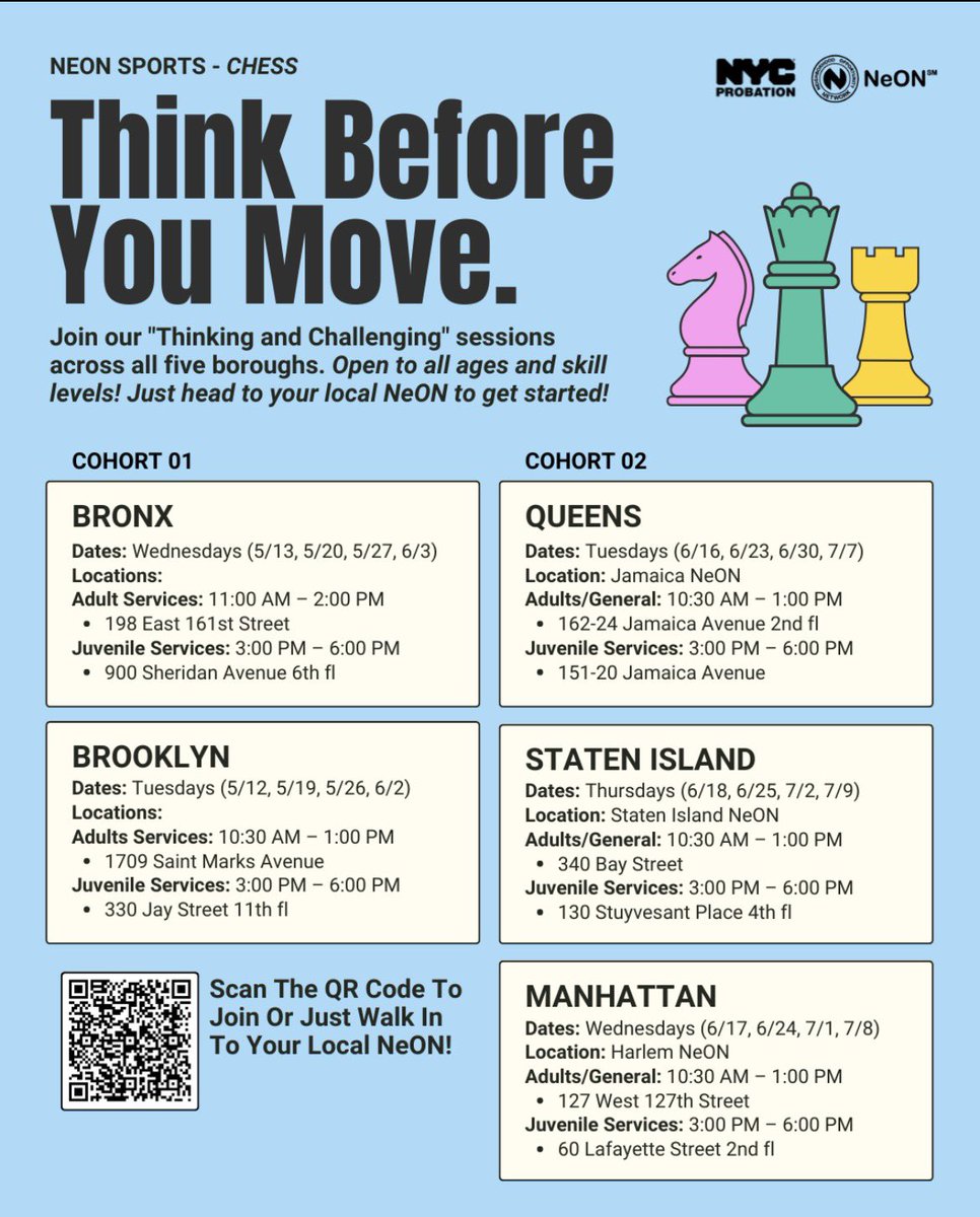 nycprobation's tweet photo. Think Before You Move! 🧠♟️ Join @nycprobation &amp; NeON's free chess sessions across all 5 boroughs. 

Open to all ages &amp; skill levels. Scan the QR code or walk into your local NeON to get started!✨

#NYCNeON #NYCChess #ThinkBeforeYouMove https://t.co/JcrrzjpRS1