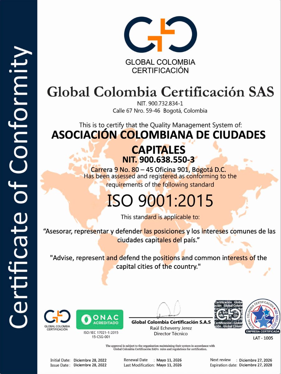 AnSANTAMARIA's tweet photo. #Asocapitales recibió la recertificación en el estándar internacional de Gestión de Calidad ISO 9001:2015, otorgada por Global Colombia Certificación SAS.
Este sello avala la calidad de nuestros procesos, productos y servicios, reafirmando nuestro compromiso de asesorar, representar y defender los intereses comunes de las ciudades capitales del país.
Entre los aspectos destacados por los auditores: el compromiso de la dirección con la mejora continua, la educación, formación y experiencia de nuestro equipo, y el buen clima laboral que impulsa la eficiencia de nuestros procesos.
Seguimos trabajando con los más altos estándares de calidad al servicio de nuestras ciudades capitales asociadas.
#Asocapitales #ISO9001 #GestiónDeCalidad #Liderazgo #CiudadesCapitales #Colombia