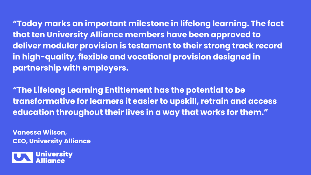 UniAlliance's tweet photo. NEW: Ten Alliance universities have been approved by the Department for Education to deliver modular courses under the government’s new Lifelong Learning Entitlement (LLE) 🎓

Read our full response: https://t.co/oYgl3ktaGD https://t.co/mqFdvOuMPU