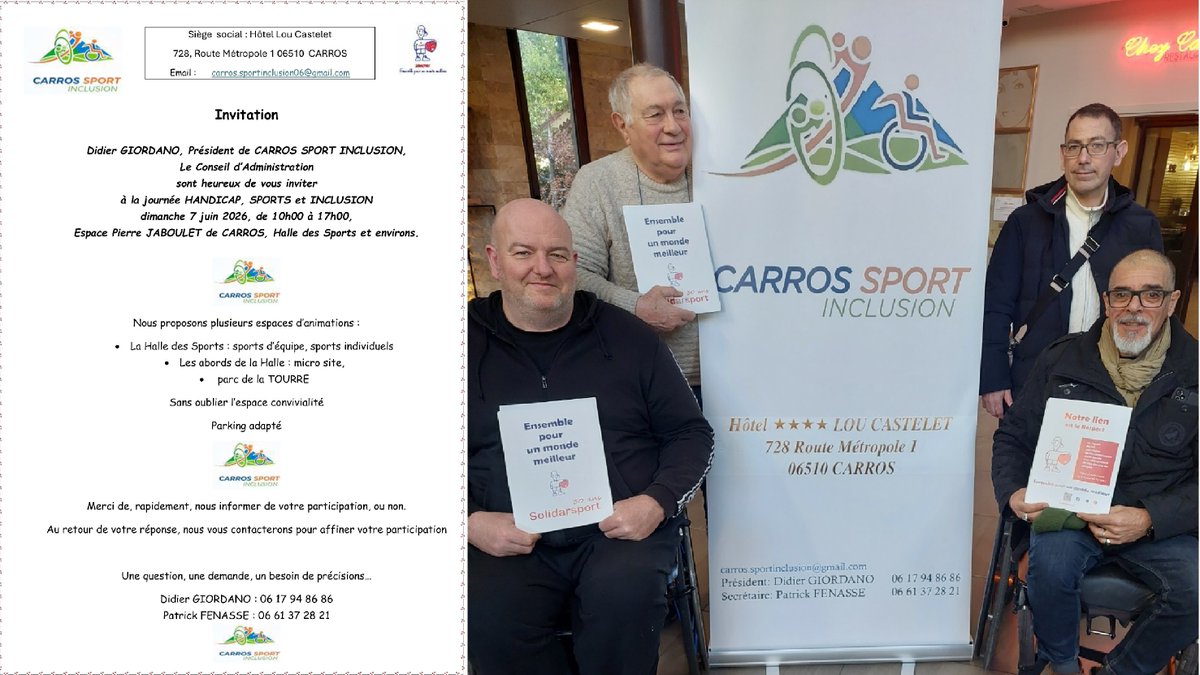 solidarsport's tweet photo. Carros Sport Inclusion dont l'objet est de mettre à mal les tabous et  les incertitudes envers le handicap organise Dimanche 7 Juin  une journée Sport Handicaps. Venez les rencontrer, échanger, soutenir leur action
#Solidarsport #NotreLienEstLeRespect #EnsemblePourUnMondeMeilleur https://t.co/fB6svCrjOs