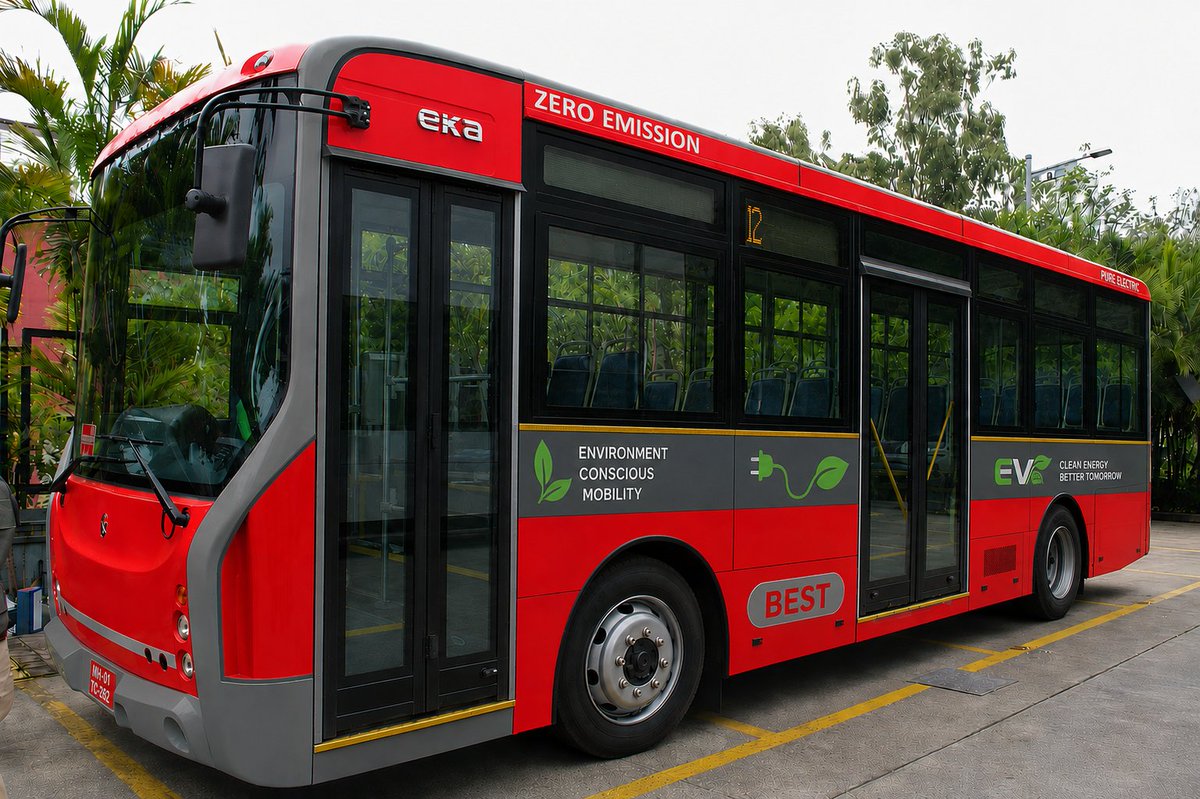 itsAlhad's tweet photo. Sharing my AI-generated visualization of the upcoming 1050 low-floor 9-meter AC electric buses by Eka Mobility, procured via CESL, which are expected to join the BEST fleet in Mumbai. ⚡🚌

This image has been created purely for visualization purposes. 
#BEST #Mumbai #EV #EKA https://t.co/3oH8OHz9EE