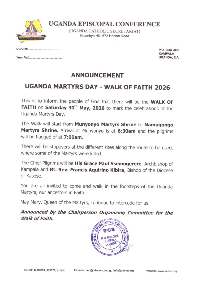 DioceseOfKasese's tweet photo. The Walk Of Faith - 2026
From Munyonyo Martyrs Basilica to Namugongo Martyrs Shrine.  

You are all invited! https://t.co/iSQVxYH9hD